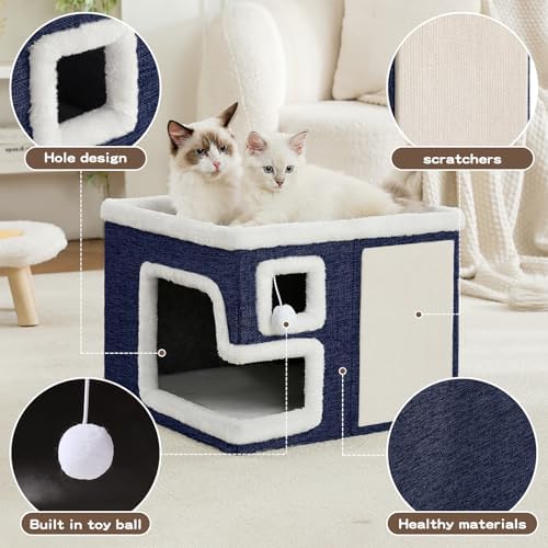 Cat Houses for Indoor Cats, Covered Cat Cave Bed with Scratch Pad and Fluffy Ball, Foldable Cat Hideaway Condo for Large Cats, Modern Kitten Bed,16.5x16.5x13 inches (Blue, Large) - Image 2