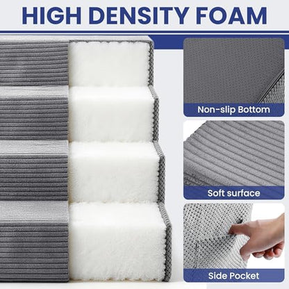 Pet Stairs for Small Dog, 4 Steps for Bed, Couch, Chair, Sofa with Side Pocket, Transformable Dog Ramp with Non-Slip Function, Dark Grey - Image 3