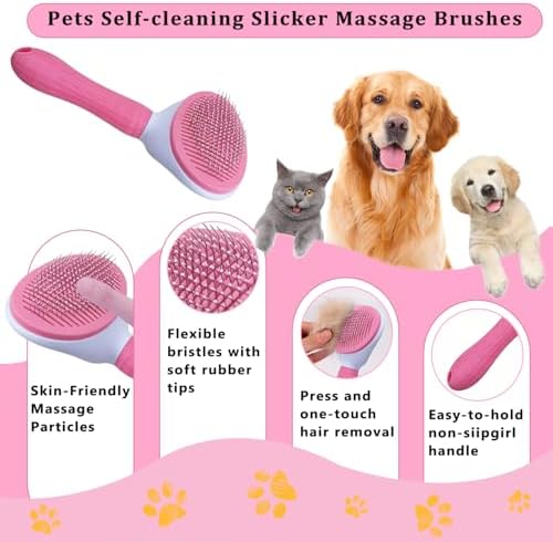 7PCS Dog Grooming Brush Kit for Shedding and Matted Fur, Self-Cleaning Slicker Brush with Undercoat Rake, Flea Comb for Long-Haired Pets, Pink - Image 2