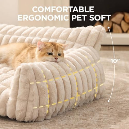 Joydeco Cat Couch for Pets, 24 inch Plush Pet Sofa, Cat Bed for Indoor Cats with Removable Washable Cover, Supportive Pet Sofa, Cream - Image 2