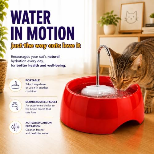 Aqua MINI Portable Pet Water Fountain - Automatic Drinking Bowl for Cats and Dogs - Stainless Steel Faucet - Replaceable Filters - Easy Cleaning - Ideal for Multiple Pets - 1.2L/42 fl oz - Red - Image 5
