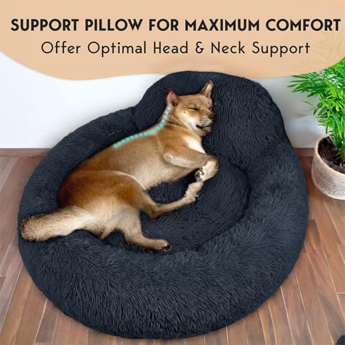 PetJett Calming Dog Bed Medium Size Dog - 30'' Donut Bed, Washable Dog Bed, Anti-Slip & Super Soft Fluffy Plush Round Dog Bed, Anti-Anxiety Premium Comfort Pet Bed, Fits Dogs Upto 45 lbs - Dark Grey - Image 2