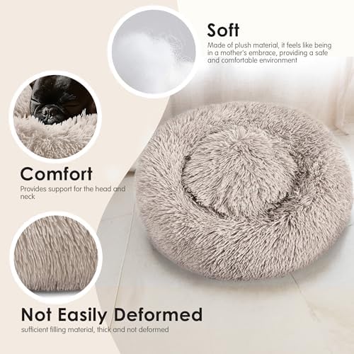 28in Large Dog Bed, Calming Donut Bed for Puppy and Kitten (Brown) - Image 4