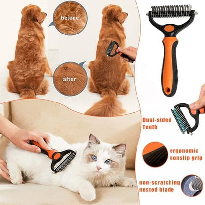 Cat Grooming Brush Kit 6 Tools - Deshedding & Dematting for Long/Short Hair, Self-Cleaning Slicker Brush with 6-in-1 Flea Comb for Cats & Kittens (Orange) - Image 2