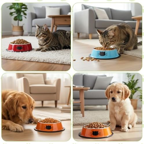 8 Pack Cat Bowls, Stainless Steel Cat Water Food Bowl Set with Anti-Slip Base, 7oz Shallow Pet Dish for Kittens & Small Dogs, Multi-Color (Blue, Black, Purple, Orange, Green, Gray, Red, Pink) - Image 5