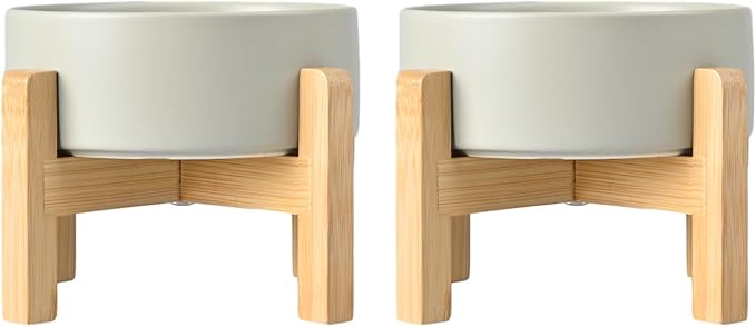 SPUNKYJUNKY Ceramic Elevated Dog Bowls 2 Pack - 6.1inch Raised Dog Bowls with Non-Slip Wooden Stand for Medium Dogs Dishwasher Safe(Grey,28.7OZ*2)