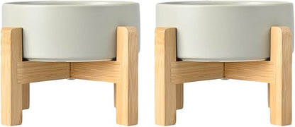 SPUNKYJUNKY Ceramic Elevated Dog Bowls 2 Pack - 6.1inch Raised Dog Bowls with Non-Slip Wooden Stand for Medium Dogs Dishwasher Safe(Grey,28.7OZ*2)