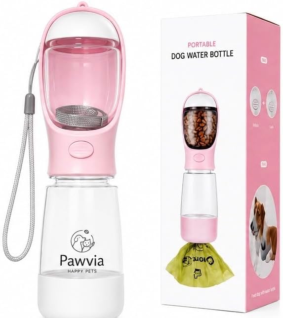 Portable Dog Water Bottle with Food Container, Leak-Proof Travel Water Dispenser, 500ml Water & 100g Food, Pink by Unknown