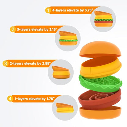 5-in-1 Burger Pet Bowls Set - Tilted, Elevated, Slow Feeder, Lick Mat, Non-Slip Bowls for Dog & Cat