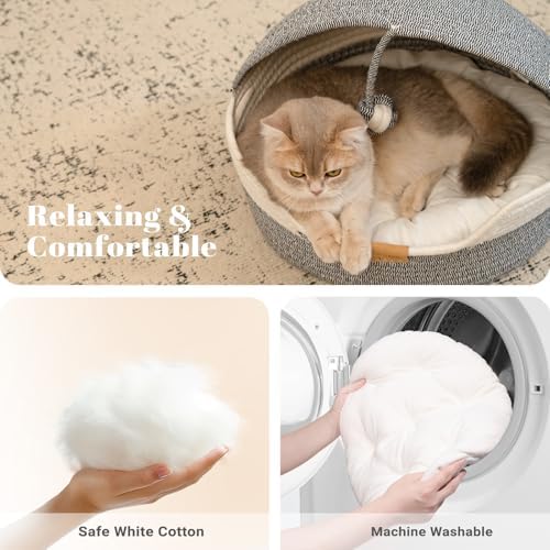 CHEERPALS Cat Basket Bed with Washable Cushion and Ball Rope Cotton, Covered Pet Bed for Indoor Cats Cave Bed Hooded, Stimulicat Cat Bed Handwoven Breathable, All Season Universal(Blue) - Image 6