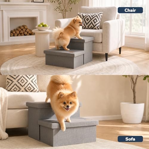 2-Step Wide Dog Stairs with Storage 11" H, Non-Slip Sturdy Pet Steps for Couch Chair, Dog Steps for Small/Medium Old Dogs, Cats, Rabbits Up to 150lbs, Foldable Cat Puppy Stairs for Car, Grey - Image 6