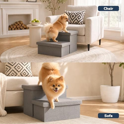 2-Step Wide Dog Stairs with Storage 11" H, Non-Slip Sturdy Pet Steps for Couch Chair, Dog Steps for Small/Medium Old Dogs, Cats, Rabbits Up to 150lbs, Foldable Cat Puppy Stairs for Car, Grey - Image 6