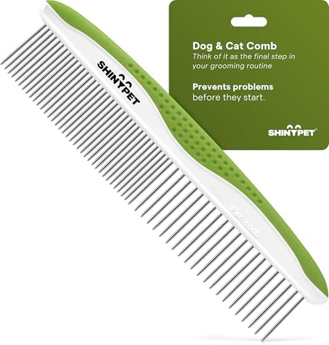 Dog & Cat Comb – Removes Tangles, Knots, and Matted Fur – Grooming Tool with Stainless Steel Teeth and Non-Slip Handle – Best Pet Hair Comb for Home Grooming Kit – Includes eBook Guide by ShinyPet