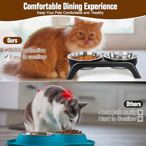 Elevated Cat Bowls - Anti-Vomiting Raised Food Bowl Set With 2 Stainless Steel Bowls, Prevents Neck Pain, ABS Anti-Slip Stand for Indoor Cats & Puppies (Black) - Image 6
