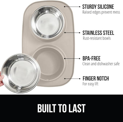 GORILLA GRIP Feeding Mat Bowl Set, 3 Cup 100% Waterproof BPA Free Silicone Base, 304 Stainless Steel Cat and Dog Bowls for Food and Water, Slip Resistant, High Edge, US Designed, Patent Pending, Beige