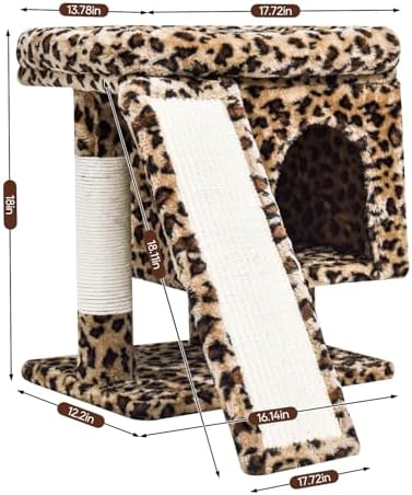 SYANDLVY Small Leopard Print Cat Tree with Perch for Indoor Cats, Cat Tower with Scratching Post, Modern Activity House for Large Cats, Condo with Board, Kittens Cave - Image 3