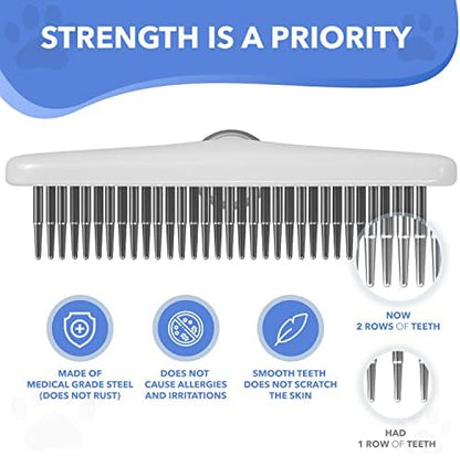 Dog rake deshedding dematting Brush Comb - Undercoat rake for Dogs, Cats, matted, Short,Long Hair Coats - Brush for Shedding, Double Row Stainless Steel pins - Reduce Shedding by 90% (White) - Image 4