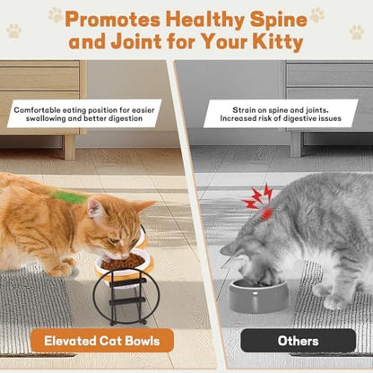 Elevated Adjustable Cat Bowl Set with 2 Dishes for Cats & Small Dogs - Anti-Vomiting,15° Tilted and Rasied Bowls with Non-Slip Design, Food-Grade Ceramic, Easy to Clean - Image 2