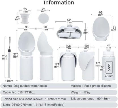 Portable Dog Water Bottle, 19 oz Capacity, Foldable Silicone Design, Leak-Proof Travel Bottle with Drinking Trough