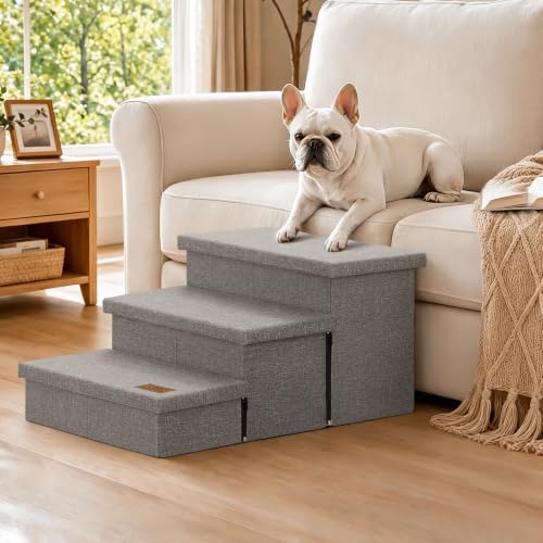 Zerbuger Dog Stairs with Storage, Small Grey 3 Steps Dog Ramp no Condo - Image 6
