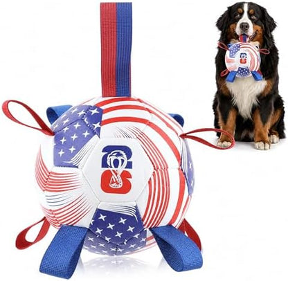 Dog Soccer Ball with Straps, 7.25 Inch Herding Dog Ball Toys World Cup Dog Toy, Balls for 30-90lbs Dogs, Outdoor Dog Toy for Medium Large Puppy, Interactive Toy for Tug, Water Toy Ball,U.S.A by Unknown