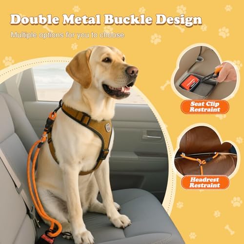 Pawaboo Dog Car Seatbelt, Reflective Rope with Heavy Duty Buckle, Orange - Image 2