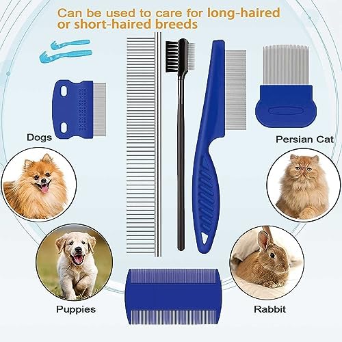 Pet Grooming Comb Kit, Tear Stain Remover Brush, Undercoat Rake for Dogs & Cats, Dematting Tool for Long Haired Dogs Kittens Puppies, Flea Comb for Removal Dandruff Tangles Knots, Shedding Hair & Fur - Image 6