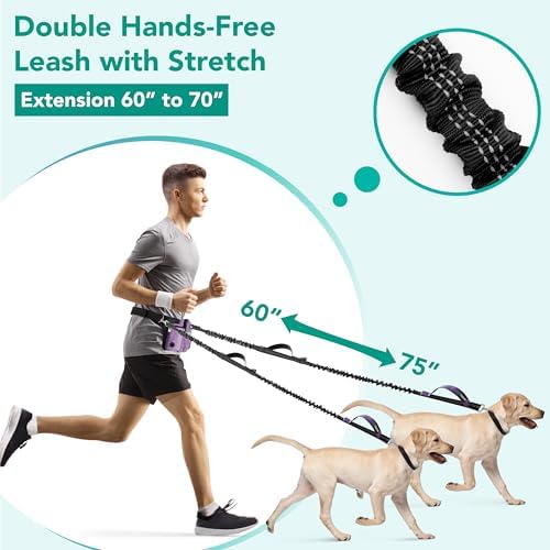 PetAmi Premium Hands Free Dog Leash for 2 Dogs, Adjustable Waist Belt Leash for Dog Walking, Fanny Pack Accessories Bag Dual Bungee Leash for Running, Hiking, Jogging, Biking, Purple - Image 2