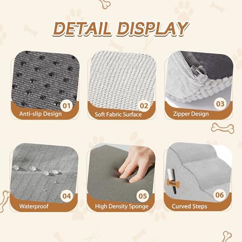 Romrol Dog Stairs Ramp for Beds Couches, Extra Wide Pet Steps with Durable Non-Slip Waterproof Fabric Cover, Dog Slope Stairs for Small Dogs and Cats or Pets Friendly, 3-Tiers, 13 Inch,Light Grey - Image 5