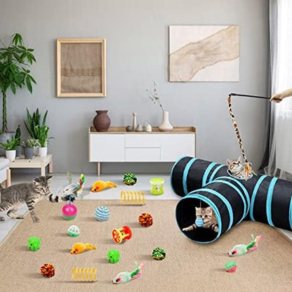 Malier Collapsible Cat Tunnels & Toys Set, Interactive Kitty Toys - Kitten & Cat - Feathers, Mouse, Crinkle Balls, 3-Way Tube Tunnel for Indoor Play - Image 2