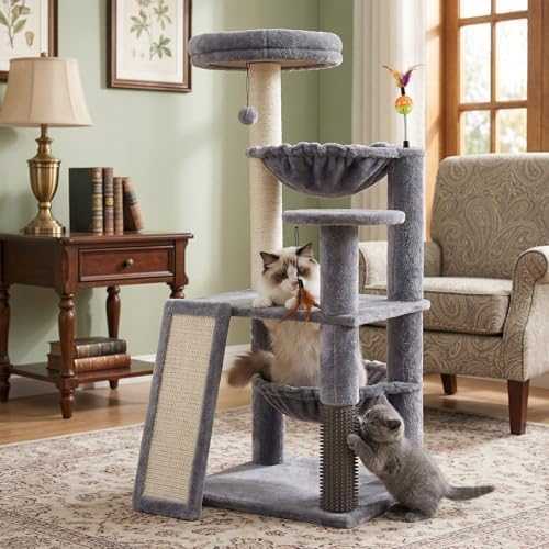 Multi-Level Cat Tree for Indoor Cats, Cat Tree Tower with Big Cat Hammock and Self-Grooming Brush, Cat Tower with Scratch Ladder, Indoor Climbing Activity Tower with Scratching Posts, Grey - Image 7