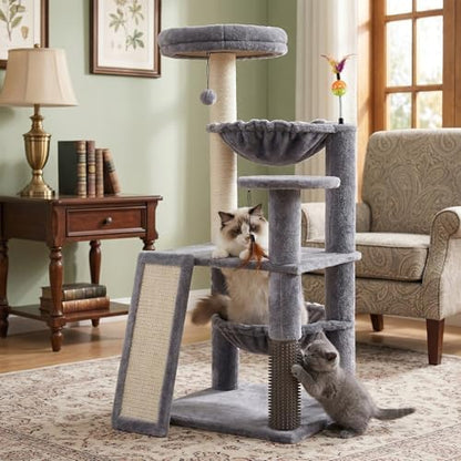 Multi-Level Cat Tree for Indoor Cats, Cat Tree Tower with Big Cat Hammock and Self-Grooming Brush, Cat Tower with Scratch Ladder, Indoor Climbing Activity Tower with Scratching Posts, Grey - Image 7
