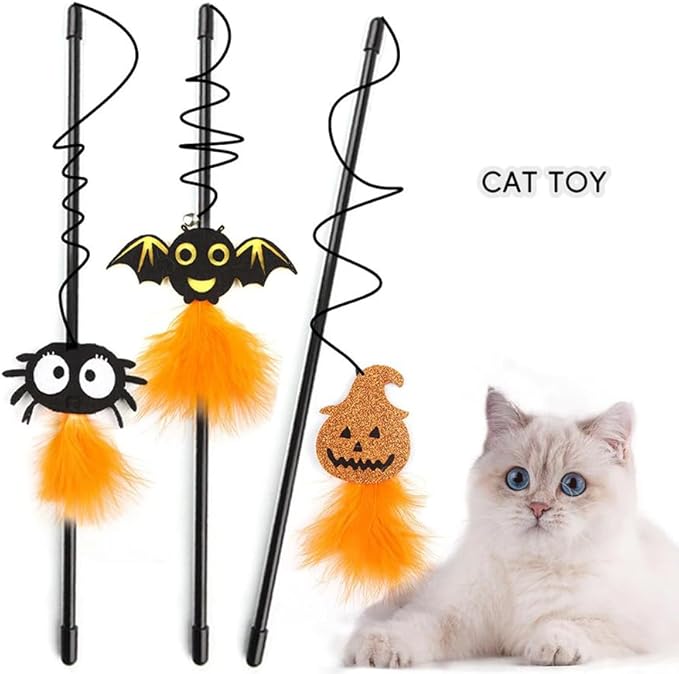 Cat Toys Interactive Cat Toy Feather Cat Toy Cat Stick Cat Wand Toy Feather with Bells Halloween Elemente Retractable Cat Teaser Toy for Kitty Kitten Scratching Exercise Indoor Pack of 3