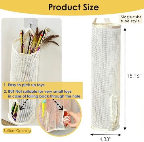 15.16x4.3 Inch Cat Wand Toy Holder Organizer Storage Bag - Special Bottom Opening Design, Pet Kitten Stick Doy Toy Mesh Pockets for Cat Feather Teaser Toys Wall Hanging Basket Box Bin - Image 2