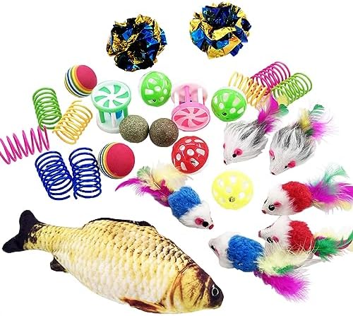 Cat Toys 27 Packs Combo Set, Cat Catnip Fish and Ball Toy, Cat Bell Balls Crinkle Balls, Cat Spring Toys, Plush Mices Attract Cats to Swat, Bite, Hunt, Interactive Toys by UnleashingJoyforPetFriends