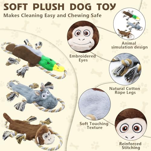 3 Pack No Stuffing Squeaky Dog Toys, Tug of War Dog Toy with Rope - Image 3
