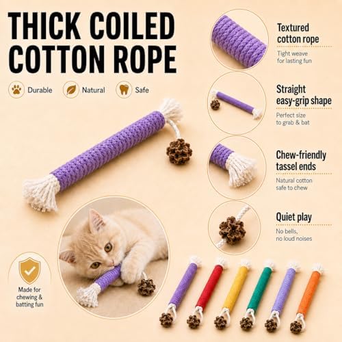 Bent Cat Rope Toy, Pet Chew Toys, Interactive Tease Toys for Cats and Kittens, Bite-Proof Playthings, Cotton Rope Kitten Toys Dental Care Stress Relief Pet Supplies (Medium 6 Pack) - Image 3