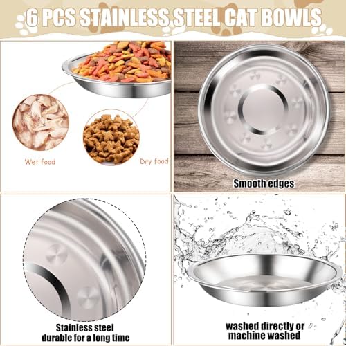 6 Pcs Stainless Steel Cat Bowls Shallow Wide Food Bowls for Cats Replacement Whisker Fatigue Relief for Small Dogs and Cats Indoors (Silver) - Image 3