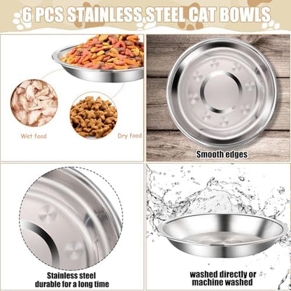 6 Pcs Stainless Steel Cat Bowls Shallow Wide Food Bowls for Cats Replacement Whisker Fatigue Relief for Small Dogs and Cats Indoors (Silver) - Image 3