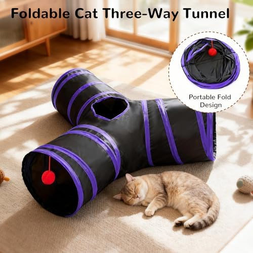 Tempcore Cat Tunnel, 3-Way Collapsible Toy for Indoor Cats, Black & Purple - Image 6