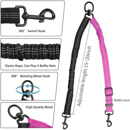 YAODHAOD Double Dog Leash,Two Dog Leash Splitter, No Tangle 360° Swivel Rotation Reflective Lead, Adjustable Length Bungee Heavy Duty Walking Training Dual Extension (Black + Rose red) - Image 3