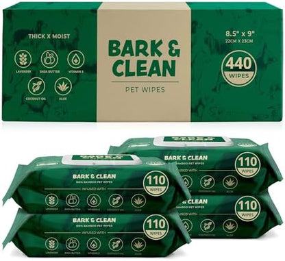 Bark & Clean 440 Dog Wipes for Cleaning and Deodorizing - 4 Pack of 110 8.5" x 9" Bamboo Pet Wipes - Compostable, Hypoallergenic Puppy Wipes - Dog Wipes for Paws, Butt, and Body by BarkClean