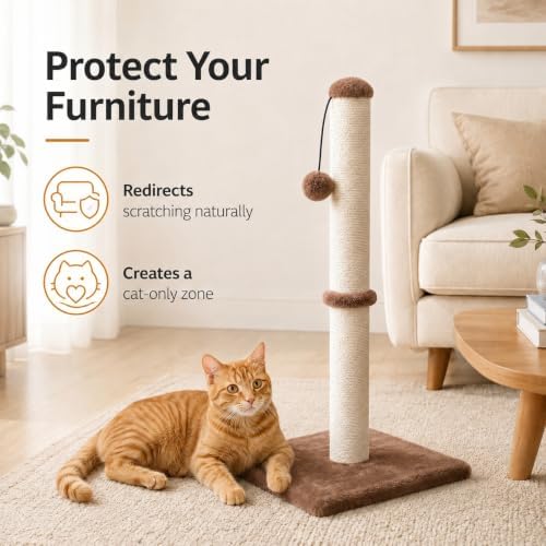Dimaka 29" Tall Cat Scratching Post, Claw Scratcher with Sisal Rope and Covered with Soft Smooth Plush, Vertical Scratch [Full Strectch] for Standard Size Cats (Dark Brown, 29 inches for All Cats) - Image 6