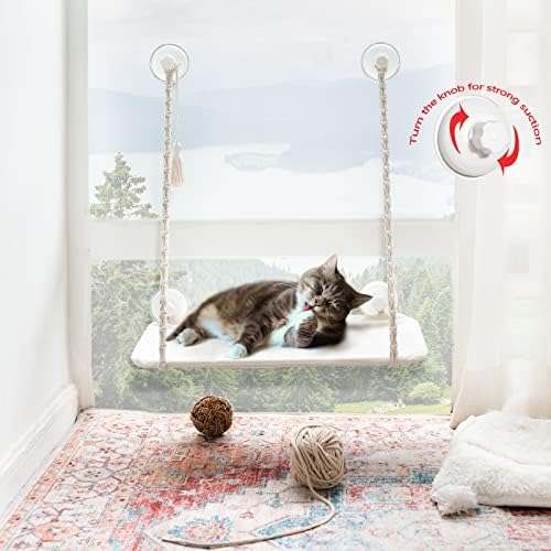Mkono Cat Window Perch Macrame Boho Cat Hammock Wall Mounted Cat Bed for Indoor Cat, Pet Resting Seat Safety Space Saving Cat Shelves with Screw Suction Cups - Image 2