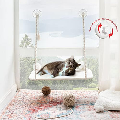 Mkono Cat Window Perch Macrame Boho Cat Hammock Wall Mounted Cat Bed for Indoor Cat, Pet Resting Seat Safety Space Saving Cat Shelves with Screw Suction Cups - Image 2