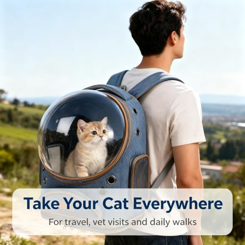 Cat Backpack Carrier, Breathable Cat Carrier Large Space Bubble Pet Backpack for Small Dog and Large cat up to 18lbs, Transparent & Foldable Pet Carrier for Travel Hiking (Blue) - Image 3