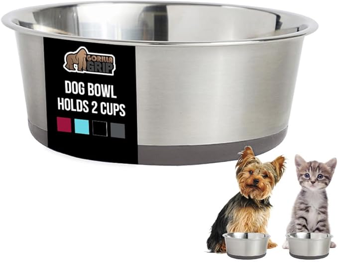 GORILLA GRIP Dog Bowl, Holds 2 Cups (16 fl oz), Food Grade 304 Stainless Steel Food and Water Bowl for Feeding Dogs and Cats, BPA Free Rubber Base, Easy Clean, Dishwasher Safe, Rust Resistant, Gray
