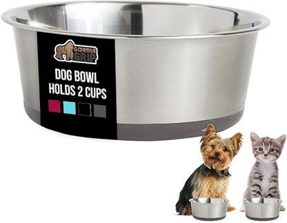 GORILLA GRIP Dog Bowl, Holds 2 Cups (16 fl oz), Food Grade 304 Stainless Steel Food and Water Bowl for Feeding Dogs and Cats, BPA Free Rubber Base, Easy Clean, Dishwasher Safe, Rust Resistant, Gray