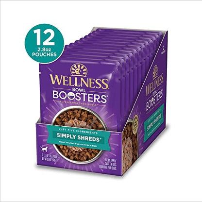 Wellness Bowl Boosters Simply Shreds Wet Dog Food Topper for Small, Medium, and Large Breeds, Grain Free, Natural, Tuna, Beef, and Carrots Recipe, 2.8 oz, Pack of 12 Pouches - Image 2