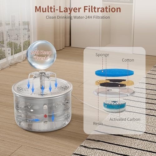 Stainless Steel Cat Water Fountain, 68oz/2.0L Cat Fountain with Flower Waterfall Spout Pet Water Fountain for Cats Indoor, Dog Water Fountain with Sponge - Image 2